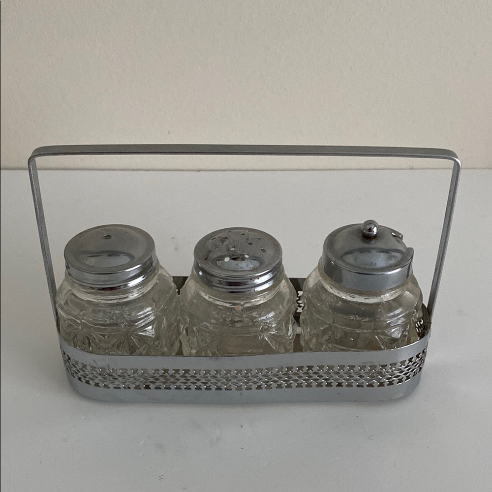 Vintage Glass Shaker condiment Set with Silver Holder vintage